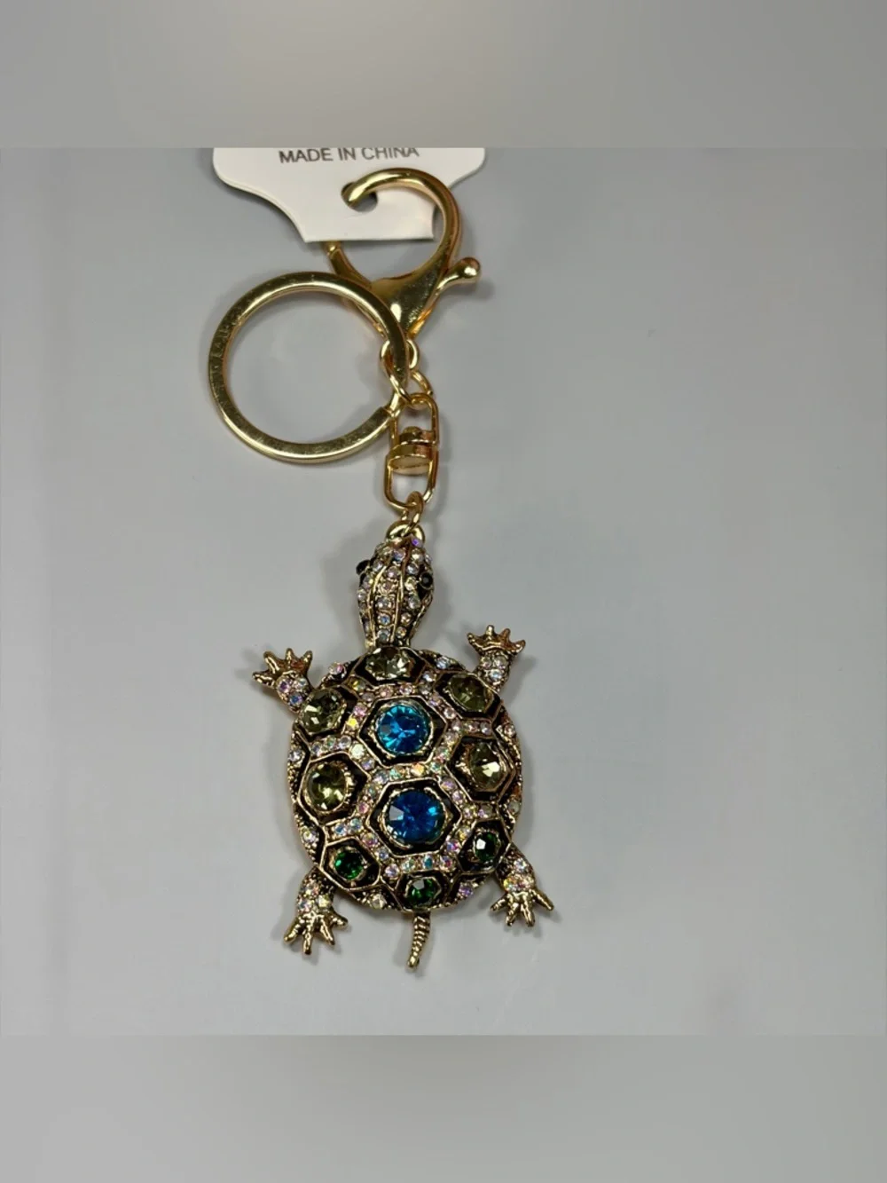 Sparkling Gold Turtle Keychain with Blue & Green Stones